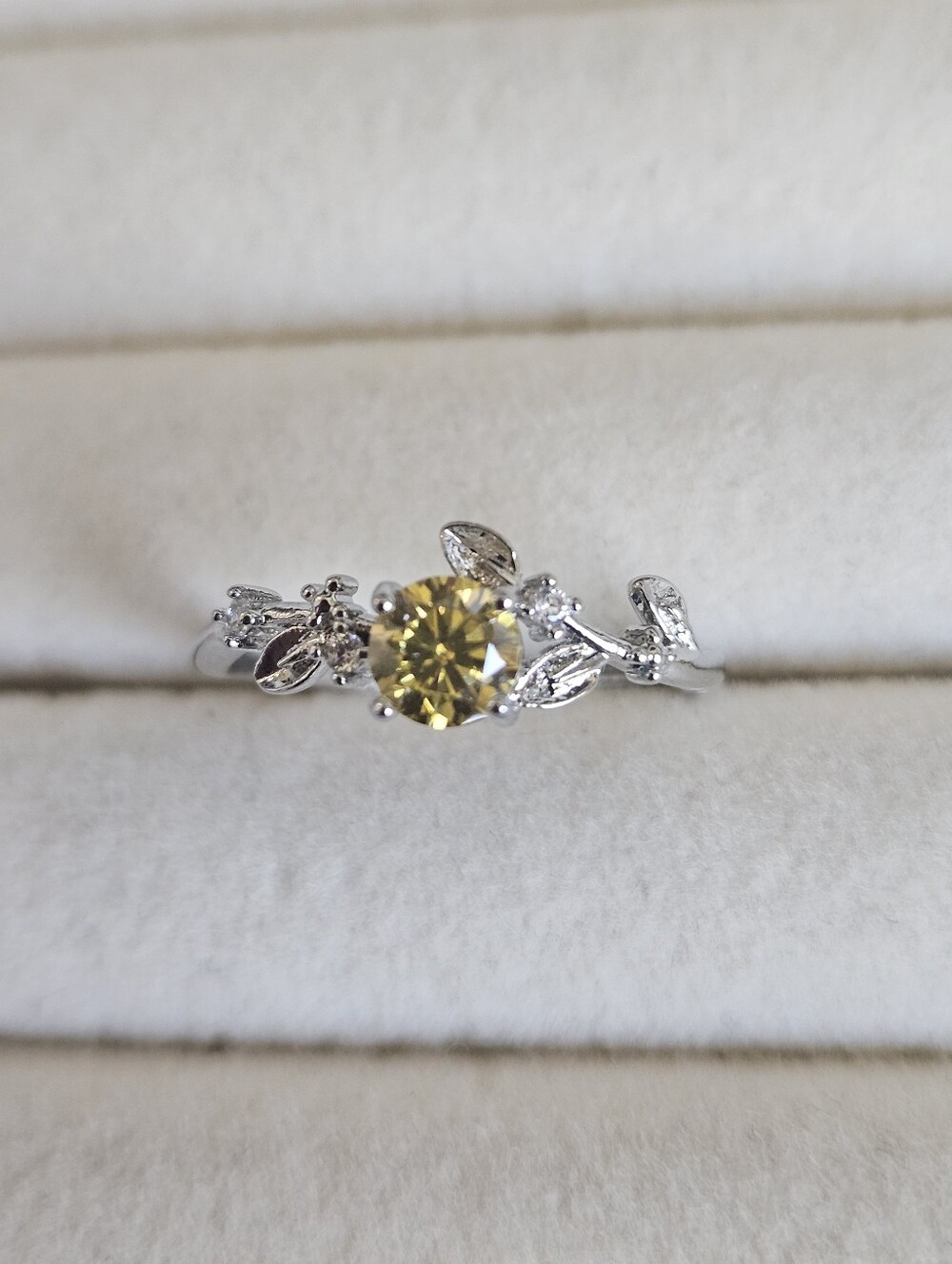 Yellow Round Cut Moissanite Floral Vine Style Ring